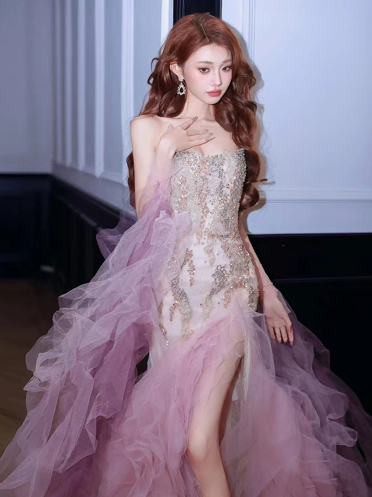 Trendy Meerjungfrau Rüschen Lang Formell Sweetheart Pink Korsett Ballkleider Abend Lang Formelle Party Outfits RB3756