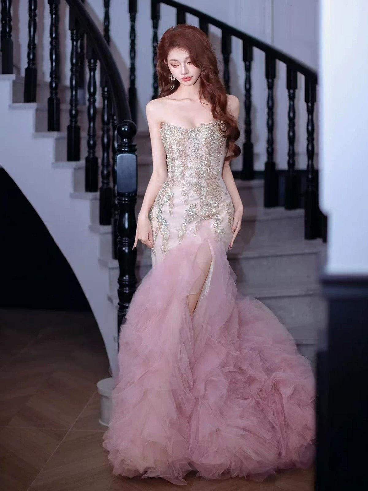 Trendy Meerjungfrau Rüschen Lang Formell Sweetheart Pink Korsett Ballkleider Abend Lang Formelle Party Outfits RB3756