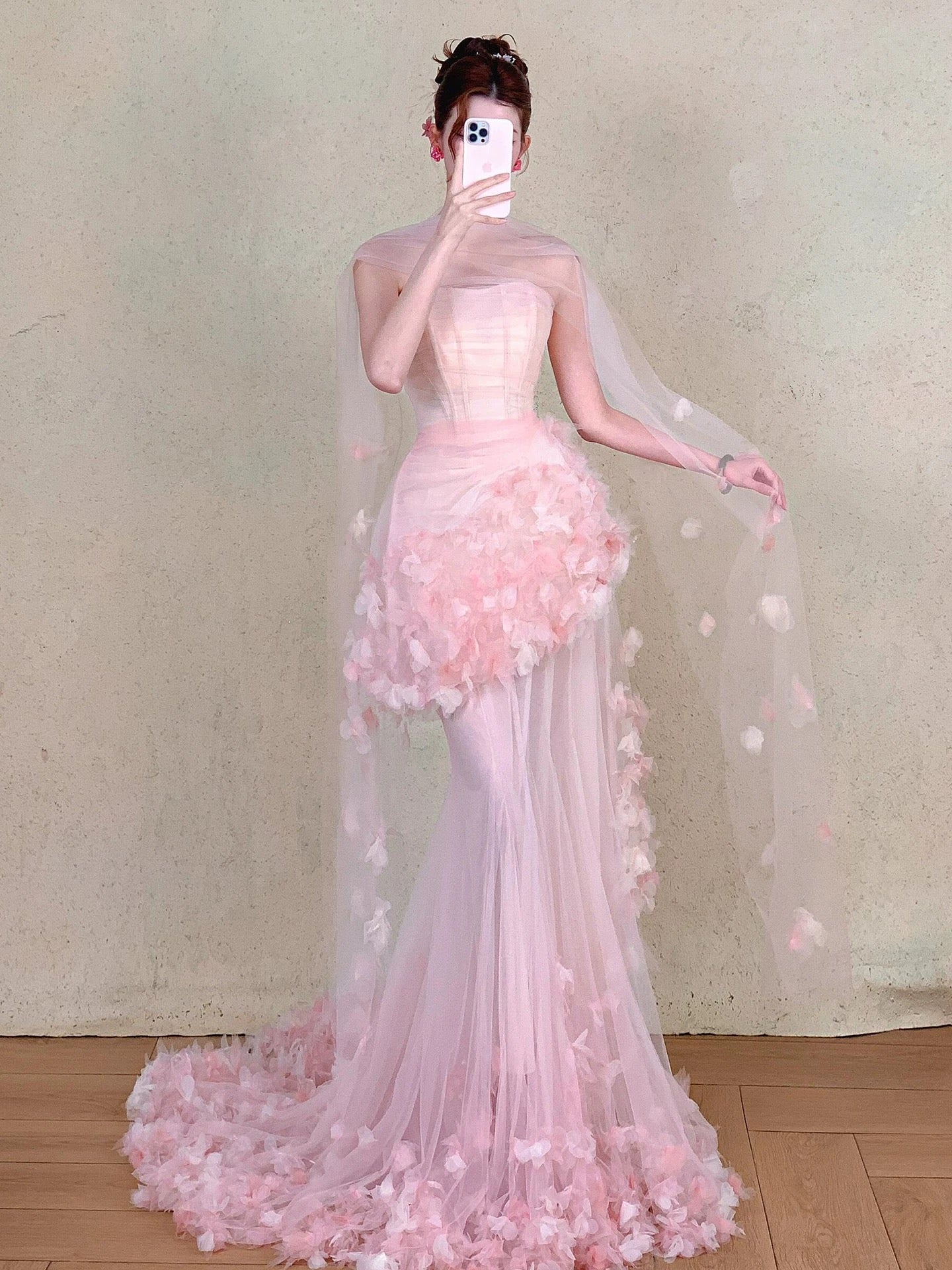 Modest Mermaid Strapless Pink With Flowers Tulle Long Evening Dresses Ideas Evening Outfits RB5169
