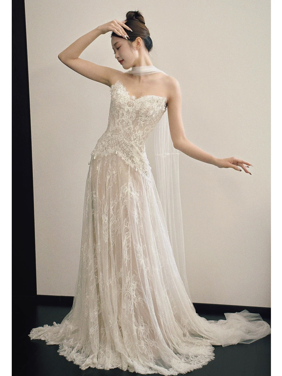 Simple A Line Sweetehart With Scarf White Lace Brides Gown Bridal Dress Long Wedding Dresses RB5193
