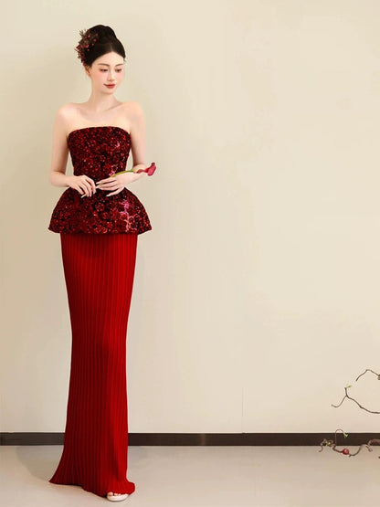 Sparkly Mermaid Strapless Burgundy Sequin With Scarf Long Evening Dresses Inspo Evening Outfits RB5173