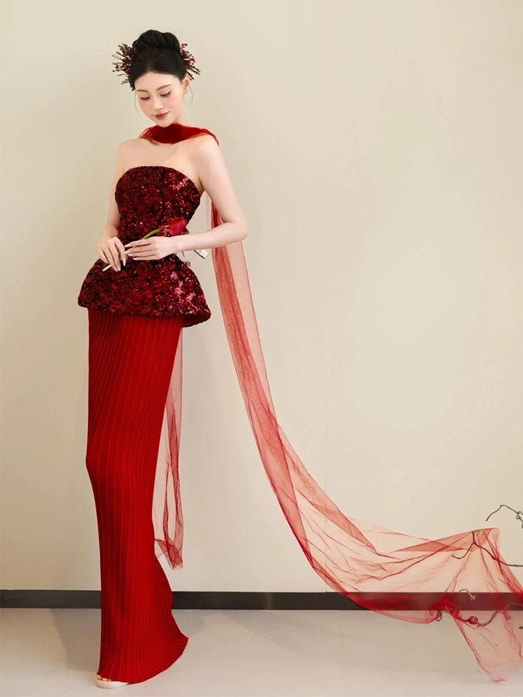 Sparkly Mermaid Strapless Burgundy Sequin With Scarf Long Evening Dresses Inspo Evening Outfits RB5173