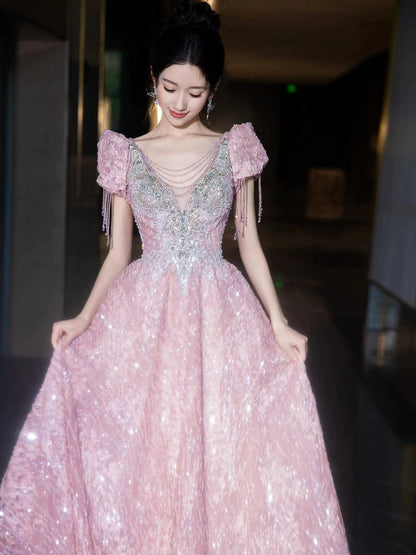 Sparkly A line V Neckline Pink Sequin With Beads Long Prom Evening Dresses Inspo Evening Outfits RB5176