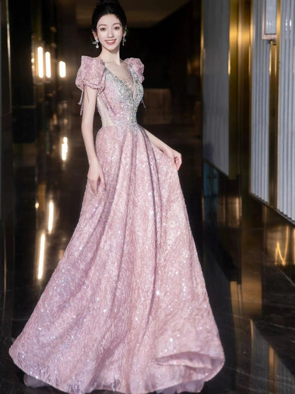 Sparkly A line V Neckline Pink Sequin With Beads Long Prom Evening Dresses Inspo Evening Outfits RB5176
