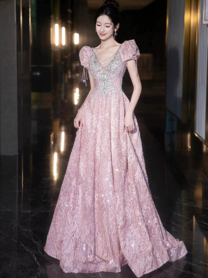 Sparkly A line V Neckline Pink Sequin With Beads Long Prom Evening Dresses Inspo Evening Outfits RB5176