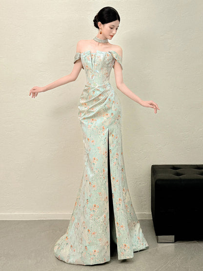 Modest Mermaid Off The Shoulder Green Floral Satin Long Evening Dresses Ideas Evening Outfits RB5177