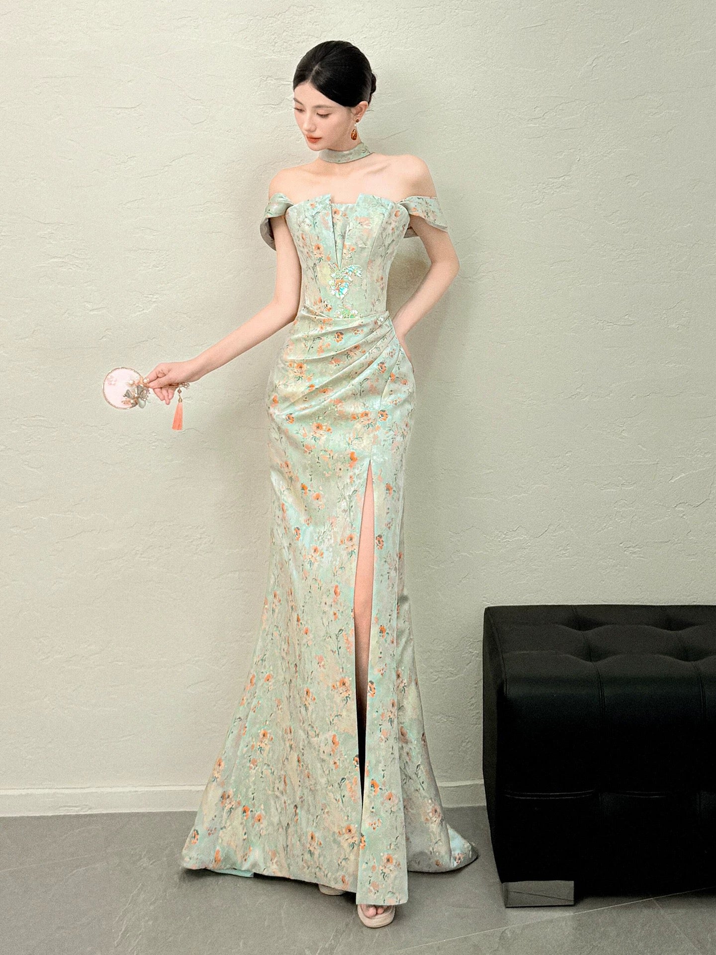 Modest Mermaid Off The Shoulder Green Floral Satin Long Evening Dresses Ideas Evening Outfits RB5177