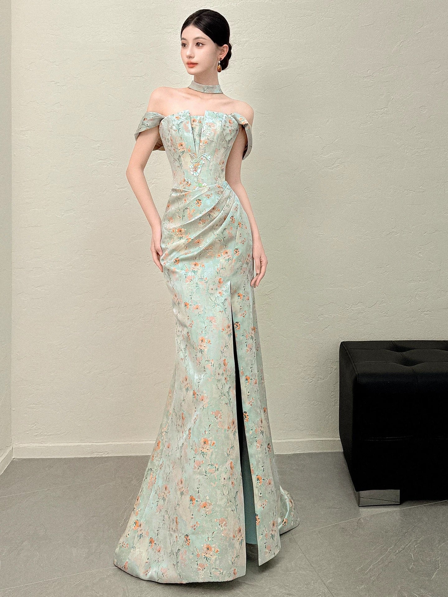 Modest Mermaid Off The Shoulder Green Floral Satin Long Evening Dresses Ideas Evening Outfits RB5177