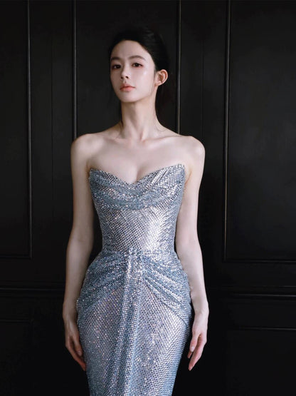 Sparkly Mermaid Sweetheart Silver Sequin With Ruffled Long Prom Evening Dresses Inspo Evening Outfits RB5179