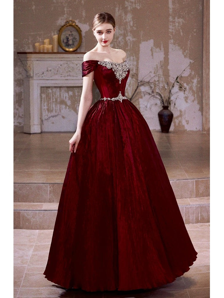 Unique Women's Ball Gown Off The Shoulder Burgundy Maxi Dress Date Night Outfits Semi Formal Prom Dresses RB5181