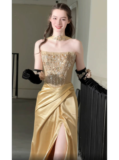 Sparkly Mermaid Strapless Gold Satin With High Split Long Date Night Evening Outfit Formal Prom Dresses RB5343