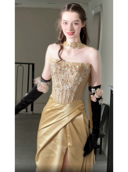 Sparkly Mermaid Strapless Gold Satin With High Split Long Date Night Evening Outfit Formal Prom Dresses RB5343