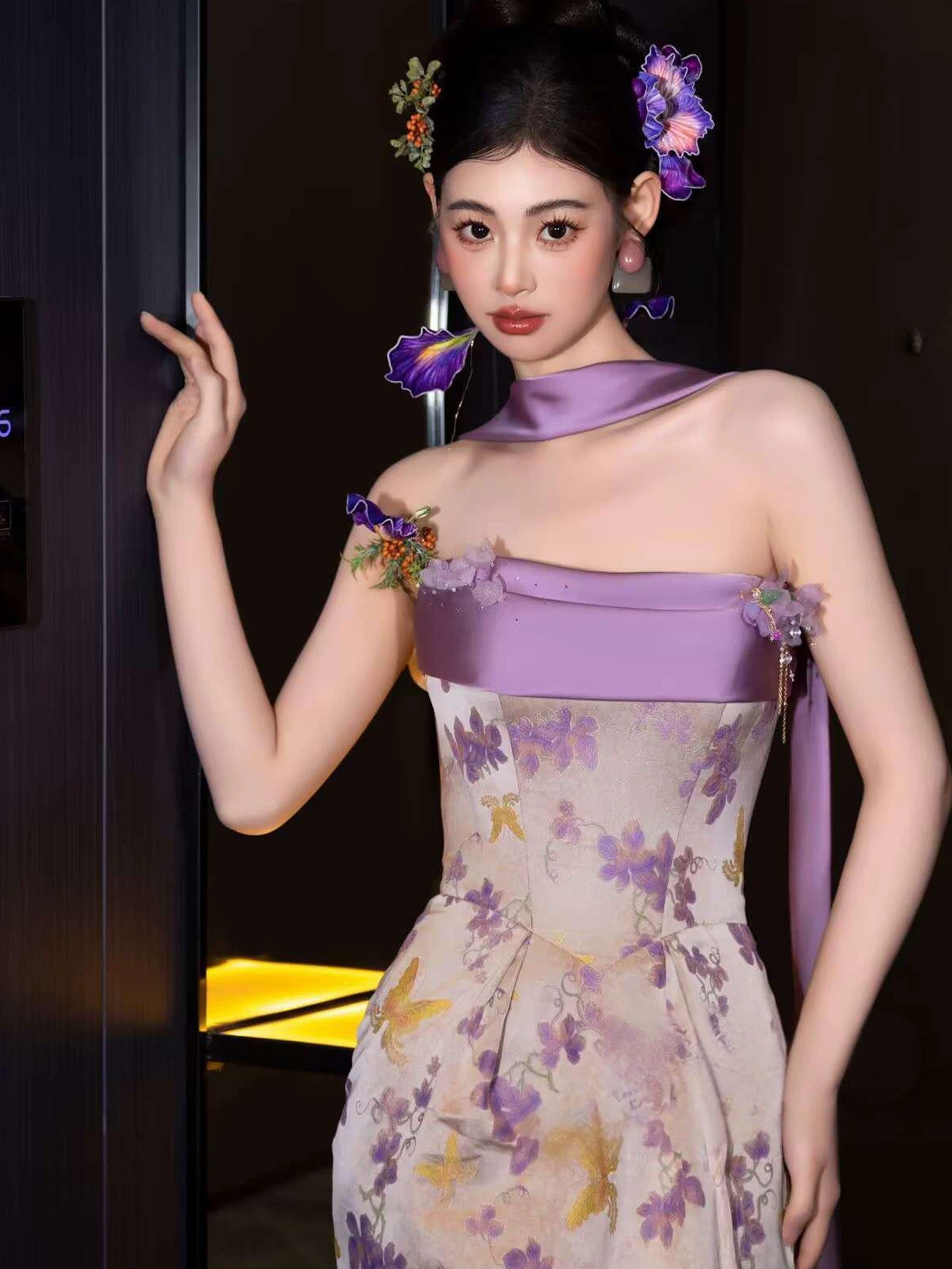 Unique Mermaid Strapless Lilac Satin With Scarf Date Night Outfits Semi Formal Prom Wedding Guest Dresses RB5344