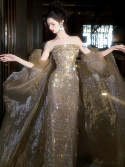 Beautiful Mermaid Strapless Champagne Sequin With Cape Date Night Outfits Semi Formal Prom Gown Evening Dresses RB5345