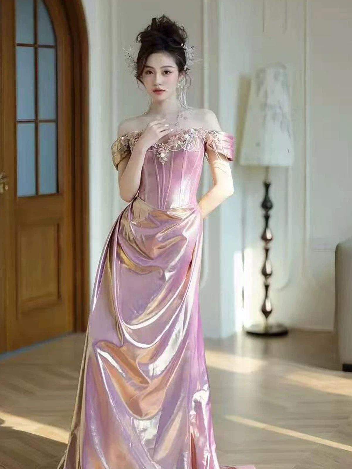Princess Mermaid Off The Shoulder Lilac With Beads Date Night Evening Outfit Formal Prom Dresses RB5346