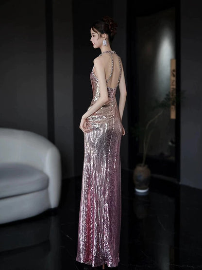 Unique Mermaid Halter Pink Sequin With Beads Date Night Outfits Semi Formal Prom Wedding Guest Dresses RB5348