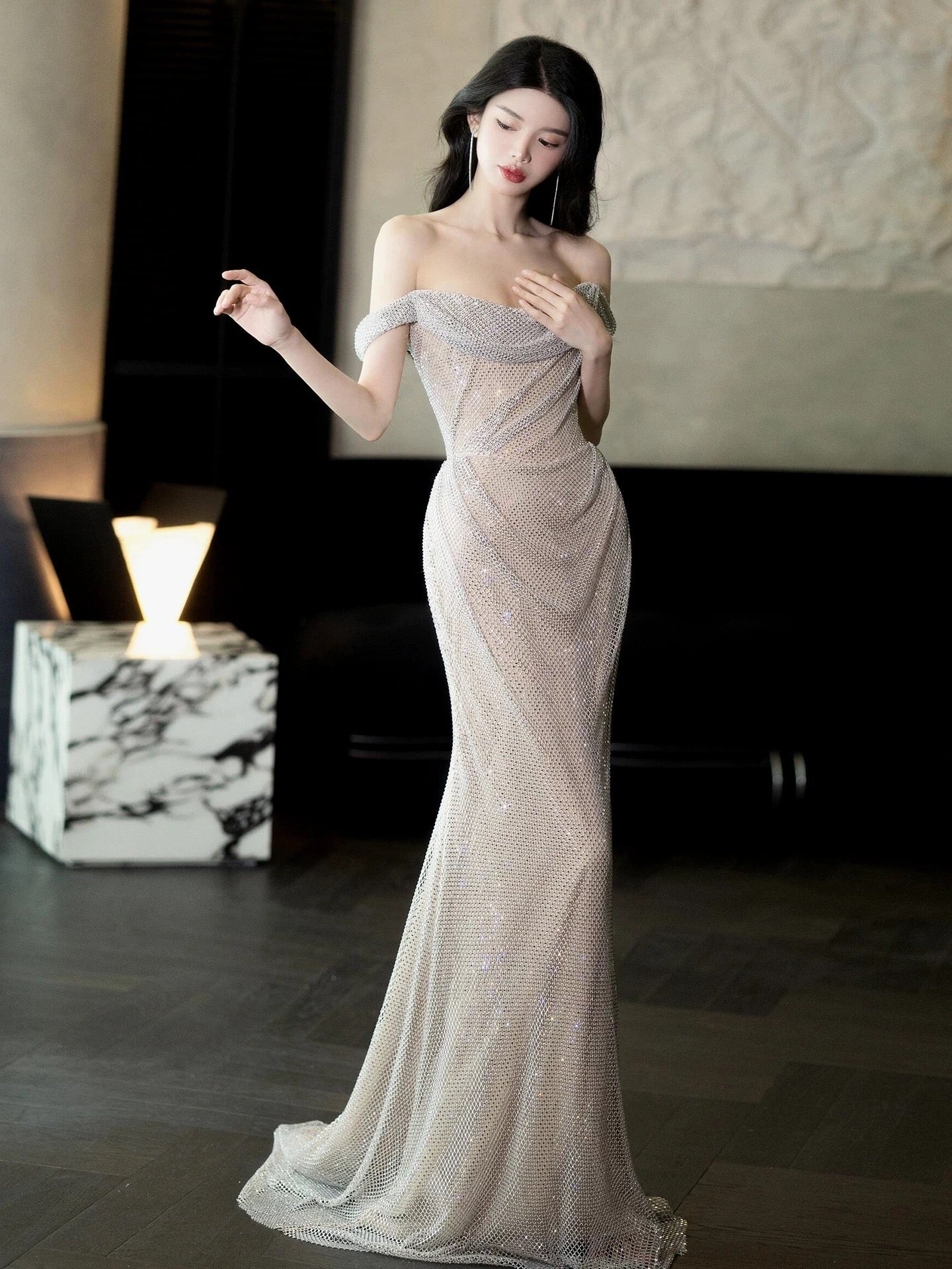 Sparkly Mermaid Off The Shoulder Champagne Sequin Date Night Outfits Semi Formal Prom Wedding Guest Dresses RB5349