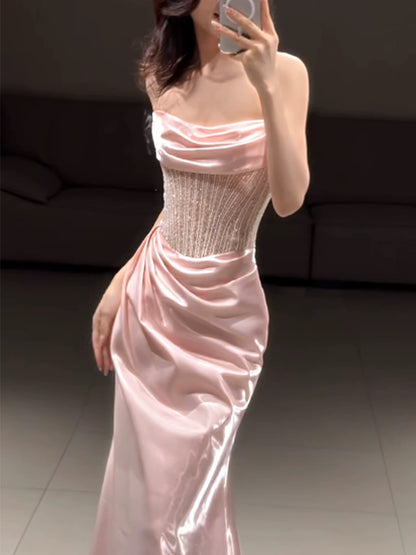 Modest Mermaid Strapless Pink With Beads Date Night Evening Outfit Formal Prom Dresses RB5350