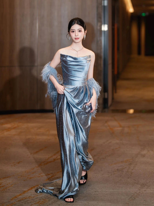 Modest Mermaid Strapless Dusty Blue Satin With Beads Date Night Evening Outfit Formal Prom Dresses RB5351