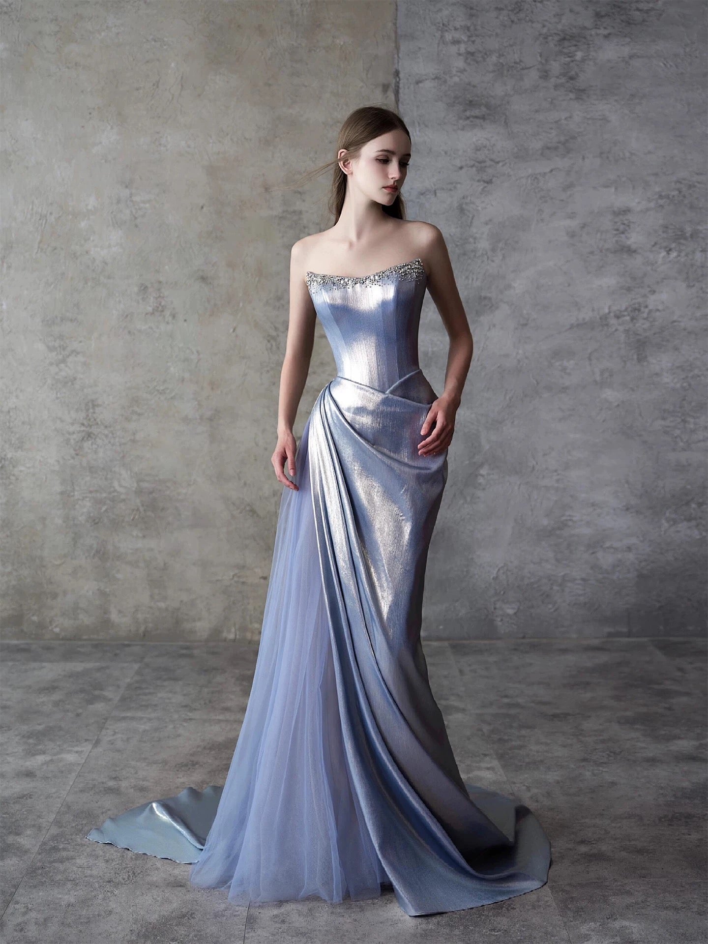 Modest Mermaid Strapless Dusty Blue Satin Tulle With Beads Date Night Evening Outfit Formal Prom Dresses RB5352