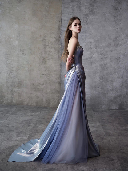 Modest Mermaid Strapless Dusty Blue Satin Tulle With Beads Date Night Evening Outfit Formal Prom Dresses RB5352