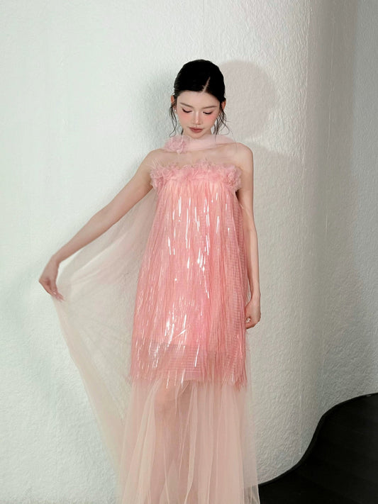 Beautiful A line Strapless Pink Sequin With Scarf Date Night Outfits Semi Formal Prom Gown Evening Dresses RB5353