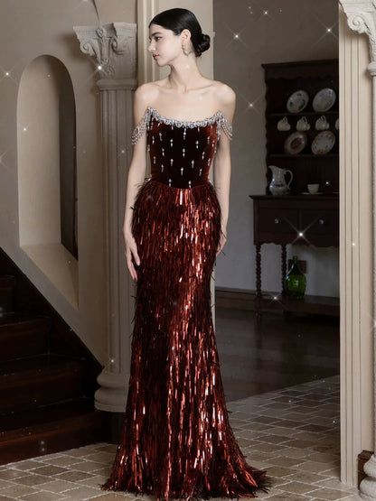 Sparkly Mermaid Strapless Burgundy Velvet With Tassel Date Night Outfits Semi Formal Prom Gown Evening Dresses RB5354