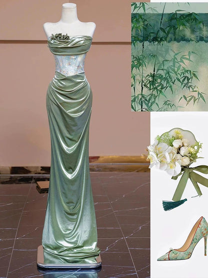 Modest Mermaid Strapless Mint Green Satin With Ruffled Date Night Evening Outfit Formal Prom Dresses RB5356