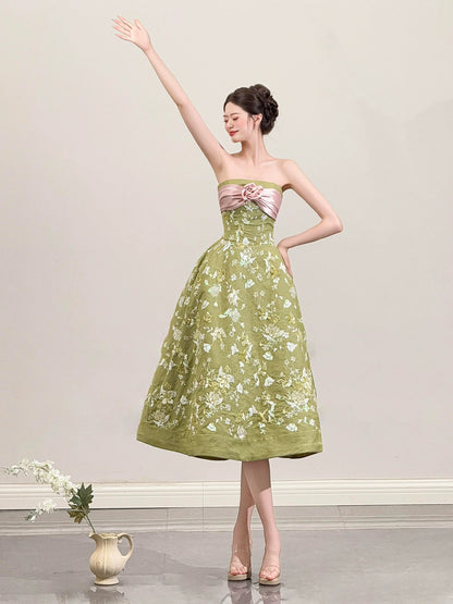 Cute A line Strapless Green Satin Date Night Outfits Semi Formal Prom Wedding Guest Dresses RB5358