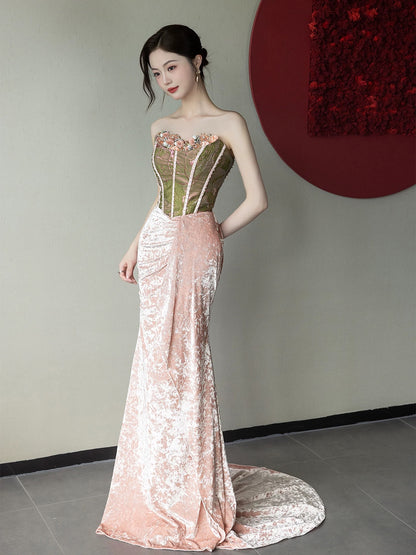 Cute Mermaid Sweetheart Pink Velvet With Scarf Date Night Outfits Semi Formal Prom Wedding Guest Dresses RB5359