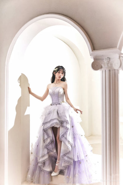 Prinzessinnen-Abendkleid, trägerlos, lila Satin mit Spitze, High-Low-Design, langes Partykleid, Abschlussballkleid, formelles Abendkleid AB2171