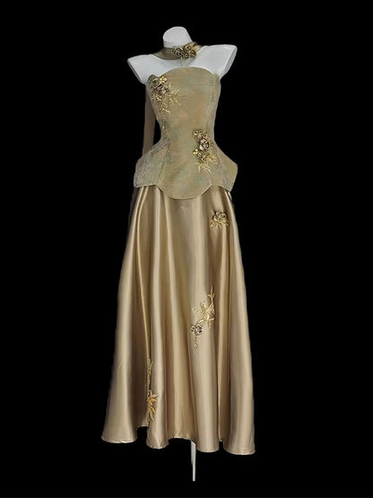 Robe de soirée longue trapèze sans bretelles en satin doré, style années 80, sans manches, pour bal de promo N2024
