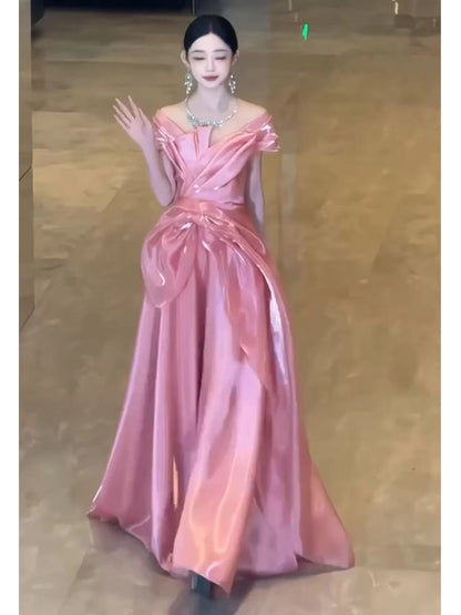 Elegantes A-Linien-Kleid schulterfrei Rosa mit kurzen Ärmeln Lange Partykleider Ballkleider N2025