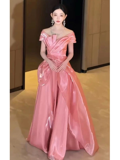 Elegantes A-Linien-Kleid schulterfrei Rosa mit kurzen Ärmeln Lange Partykleider Ballkleider N2025