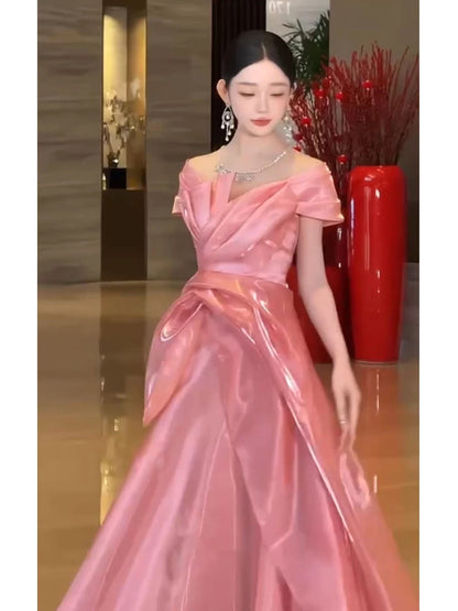 Elegantes A-Linien-Kleid schulterfrei Rosa mit kurzen Ärmeln Lange Partykleider Ballkleider N2025