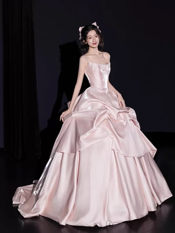 Niedliches trägerloses Ballkleid Pink Satin Sweet 16 Kleider Quinceanera Kleid Lang 15 Vestidos De Fiesta N2027