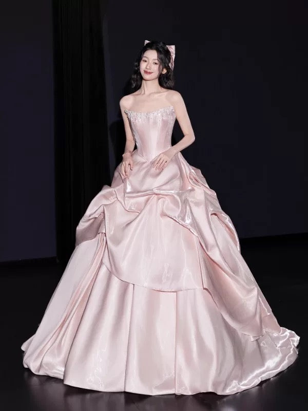 Niedliches trägerloses Ballkleid Pink Satin Sweet 16 Kleider Quinceanera Kleid Lang 15 Vestidos De Fiesta N2027