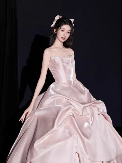 Niedliches trägerloses Ballkleid Pink Satin Sweet 16 Kleider Quinceanera Kleid Lang 15 Vestidos De Fiesta N2027