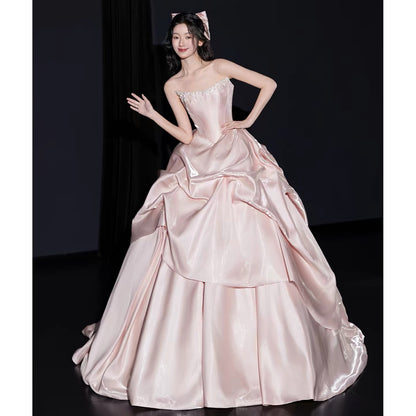 Niedliches trägerloses Ballkleid Pink Satin Sweet 16 Kleider Quinceanera Kleid Lang 15 Vestidos De Fiesta N2027