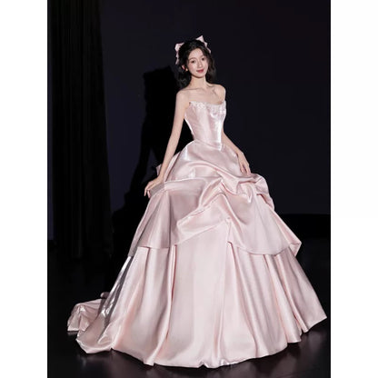 Niedliches trägerloses Ballkleid Pink Satin Sweet 16 Kleider Quinceanera Kleid Lang 15 Vestidos De Fiesta N2027