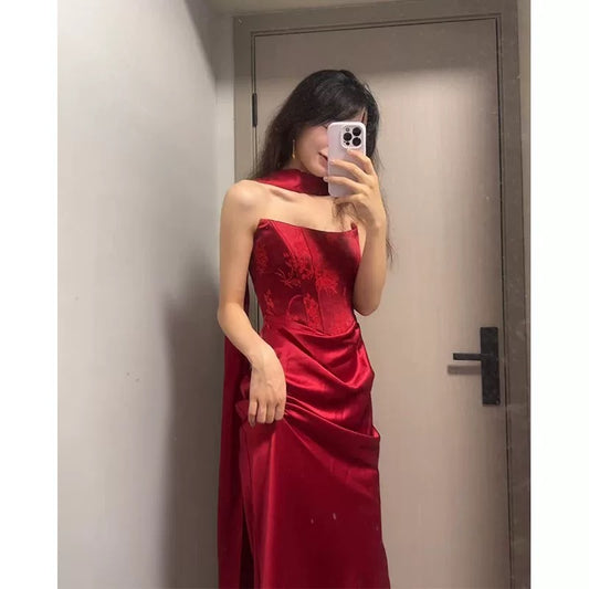 Classic Mermaid Strapless Burgundy With Ruffles Scarf Inspiration Long Wedding Party Guest Dresses N2029