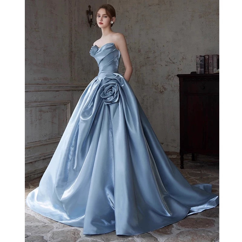 Cute Ball Gown Sweetheart With Flowers Blue Long Party Gowns Prom Dresses N2029