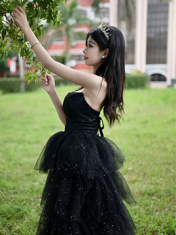 Cute Ball Gown Strapless Black Tulle Split Long Party Gowns Prom Dresses N2035