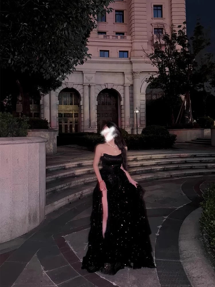 Cute Ball Gown Strapless Black Tulle Split Long Party Gowns Prom Dresses N2035