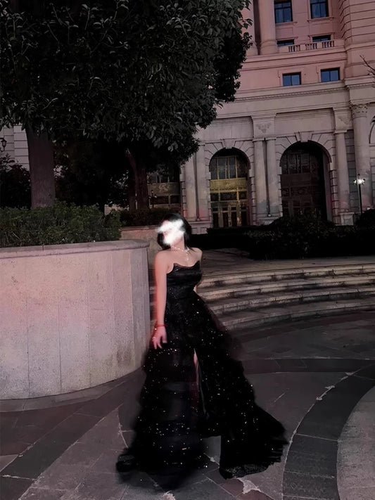 Cute Ball Gown Strapless Black Tulle Split Long Party Gowns Prom Dresses N2035