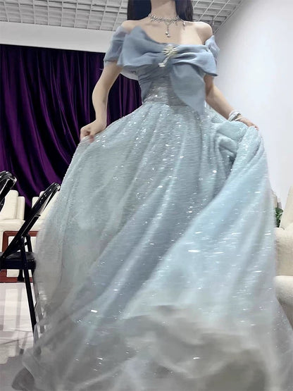 Cute Ball Gown Off The Shoulder Blue Tulle Long Party Gowns Prom Dresses N2038