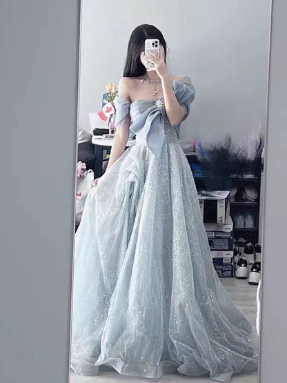 Cute Ball Gown Off The Shoulder Blue Tulle Long Party Gowns Prom Dresses N2038