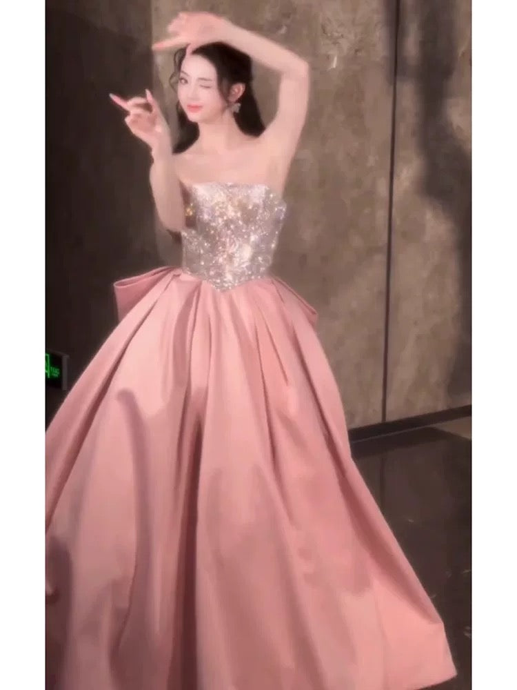 Cute Ball Gown Strapless Pink Satin Formal Long Party Gowns Prom Dresses N2041