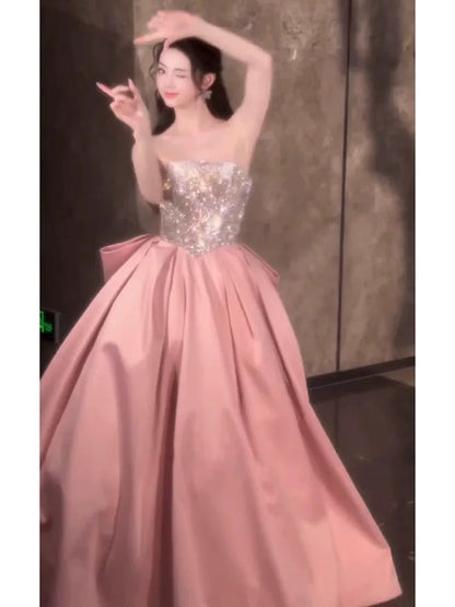 Cute Ball Gown Strapless Pink Satin Formal Long Party Gowns Prom Dresses N2041