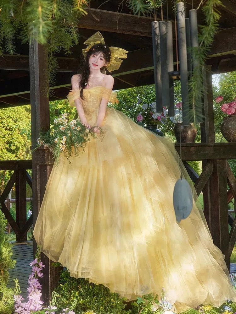 Niedliches Ballkleid, schulterfrei, gelber Tüll, Sweet 16 Kleider, Quinceañera Kleid, lang, 15 Vestidos De Fiesta N1805